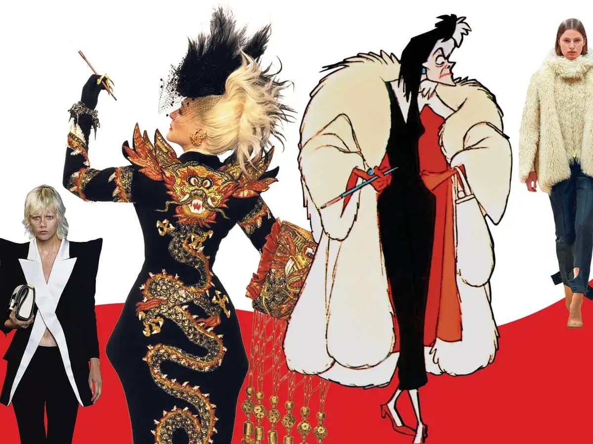 Modell i dramatisk drakkl&auml;nning, bredvid en illustration av Cruella de Vil och en modell i p&auml;lsjacka.