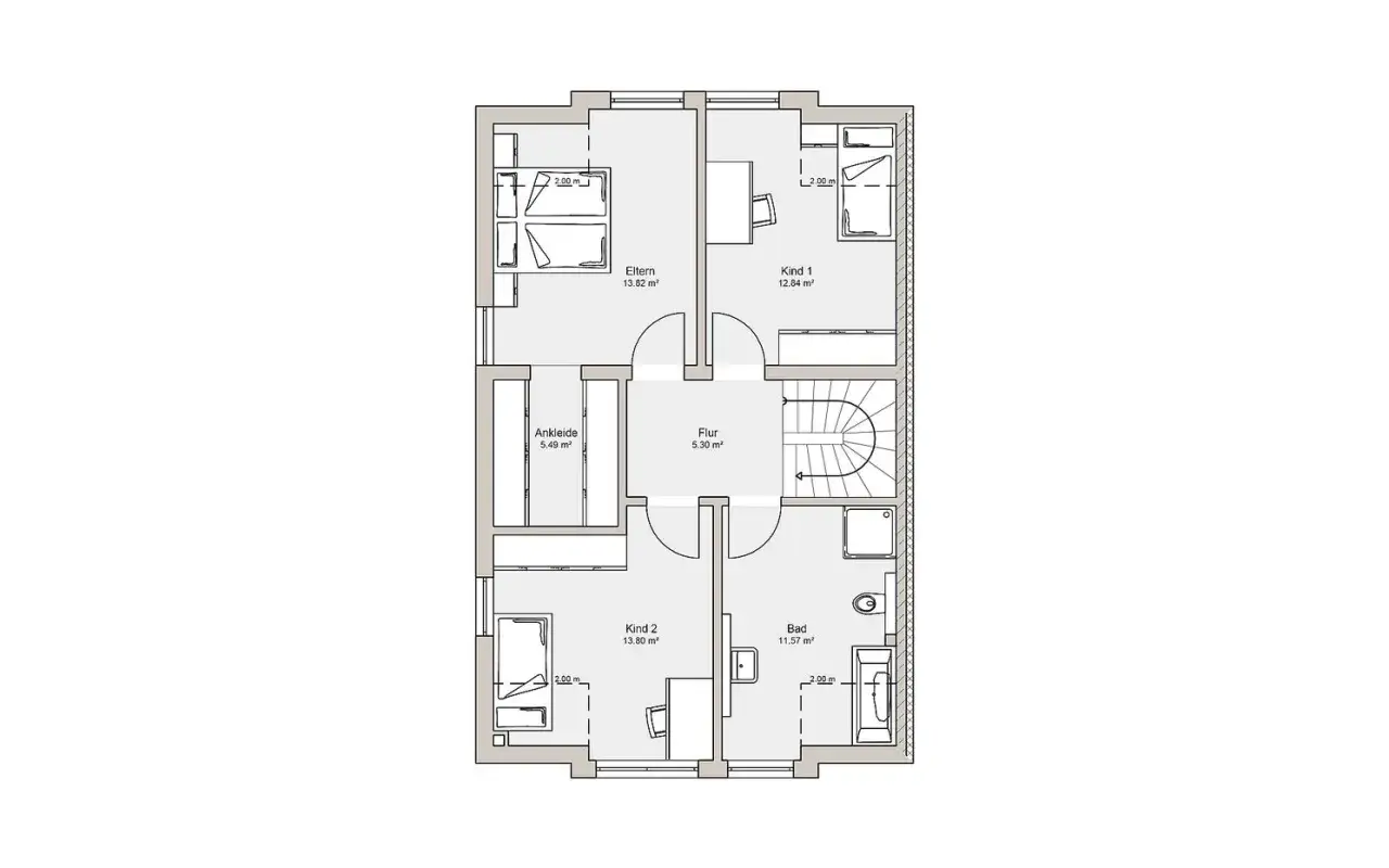 Grundriss Doppelhaus 6m breit: Elternschlafzimmer, Ankleide, Kinderzimmer, Bad und Flur.