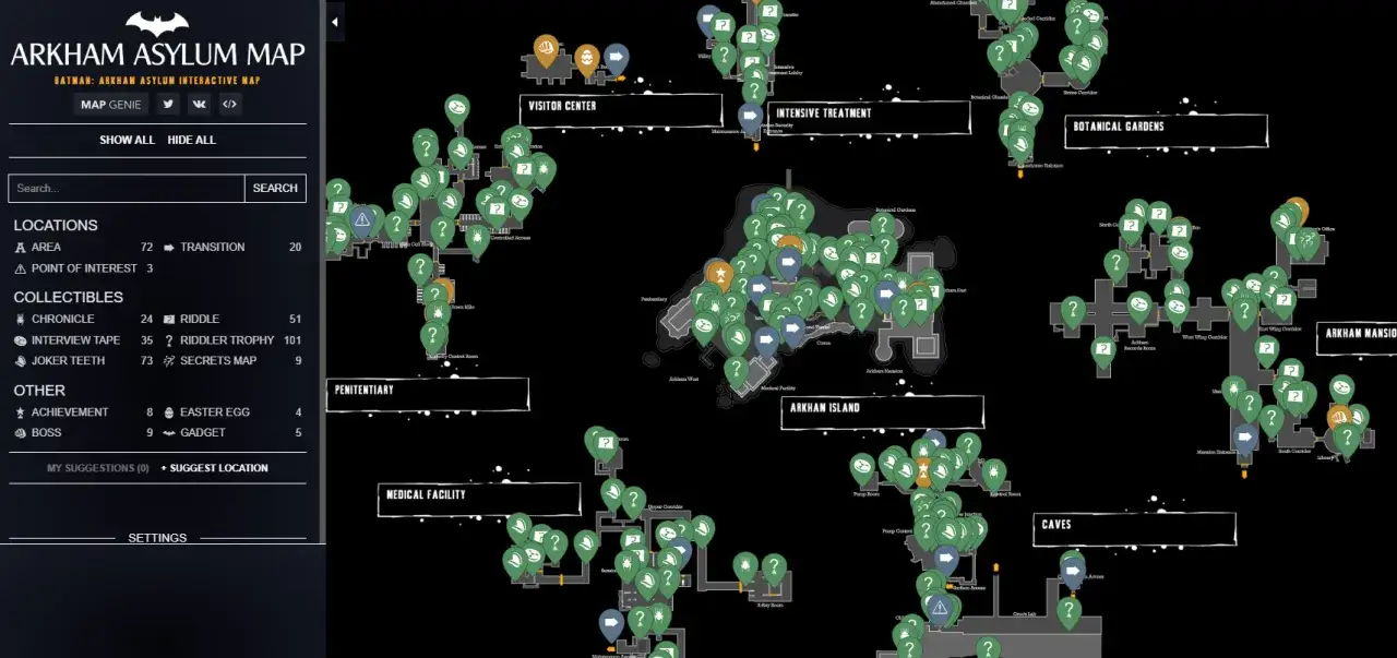 Interaktywna mapa Arkham Asylum. Batman: Arkham Asylum poradnik z lokalizacjami, zagadkami i sekretami.