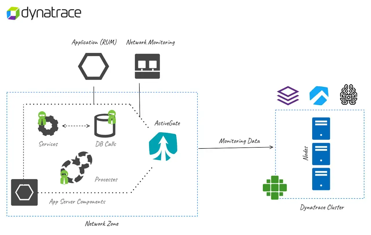 Dynatrace diagram showing network zone components like services, DB calls, and processes feeding into an ActiveGate, which sends monitoring data to the Dynatrace cluster nodes.