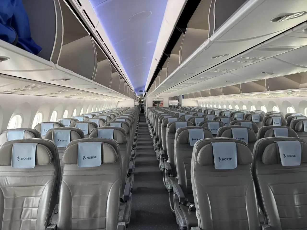 Tomma s&auml;ten i kabinen p&aring; ett flygplan fr&aring;n Norse Atlantic Airways. Bl&aring; nackst&ouml;d med logotypen NORSE.