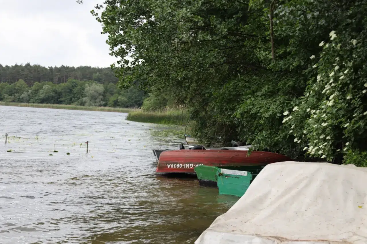 Łodzie przy brzegu jeziora wierzbiczańskiego. Woda faluje, a drzewa tworzą zieloną ścianę.