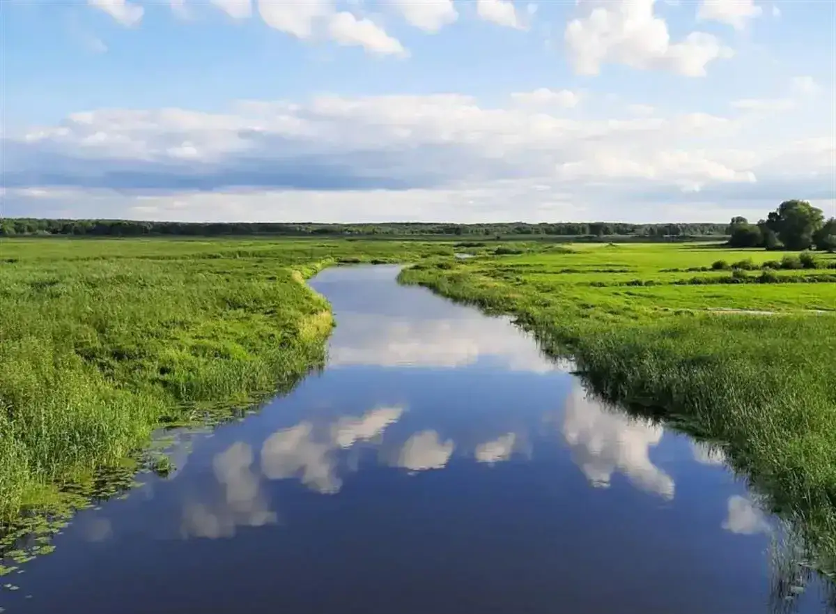 Malowniczy krajobraz Mazowsza z krętą rzeką odbijającą chmury. Idealne miejsce na najładniejsze trasy rowerowe na Mazowszu.