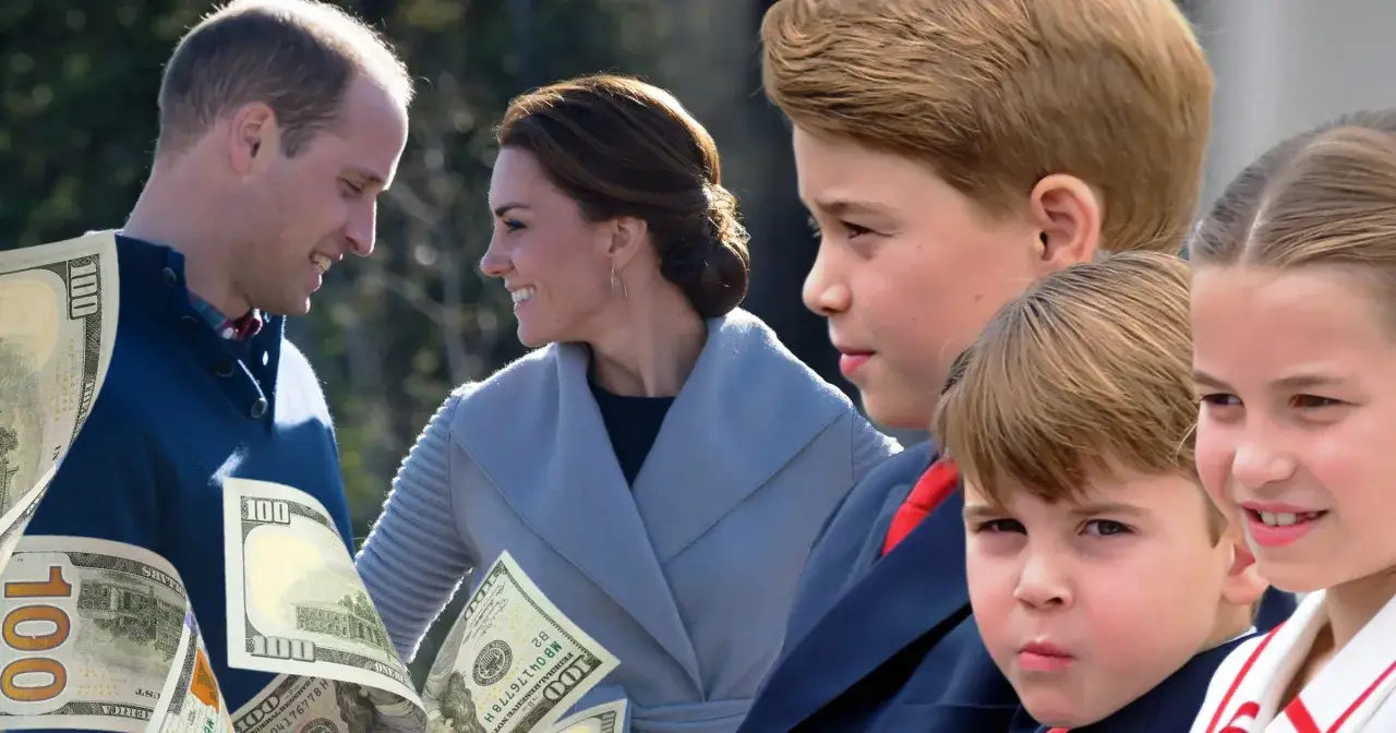 Książę William i Kate patrzą na siebie, otoczeni banknotami 100 dolarów. Obok dzieci w szkolnych mundurkach. Prawdziwe powody posłania dzieci celebrytów do szkół za granicę?