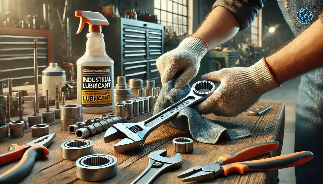 Manos enguantadas limpian una llave inglesa rodeada de **herramientas industriales**, lubricante y llaves de vaso en un banco de trabajo.
