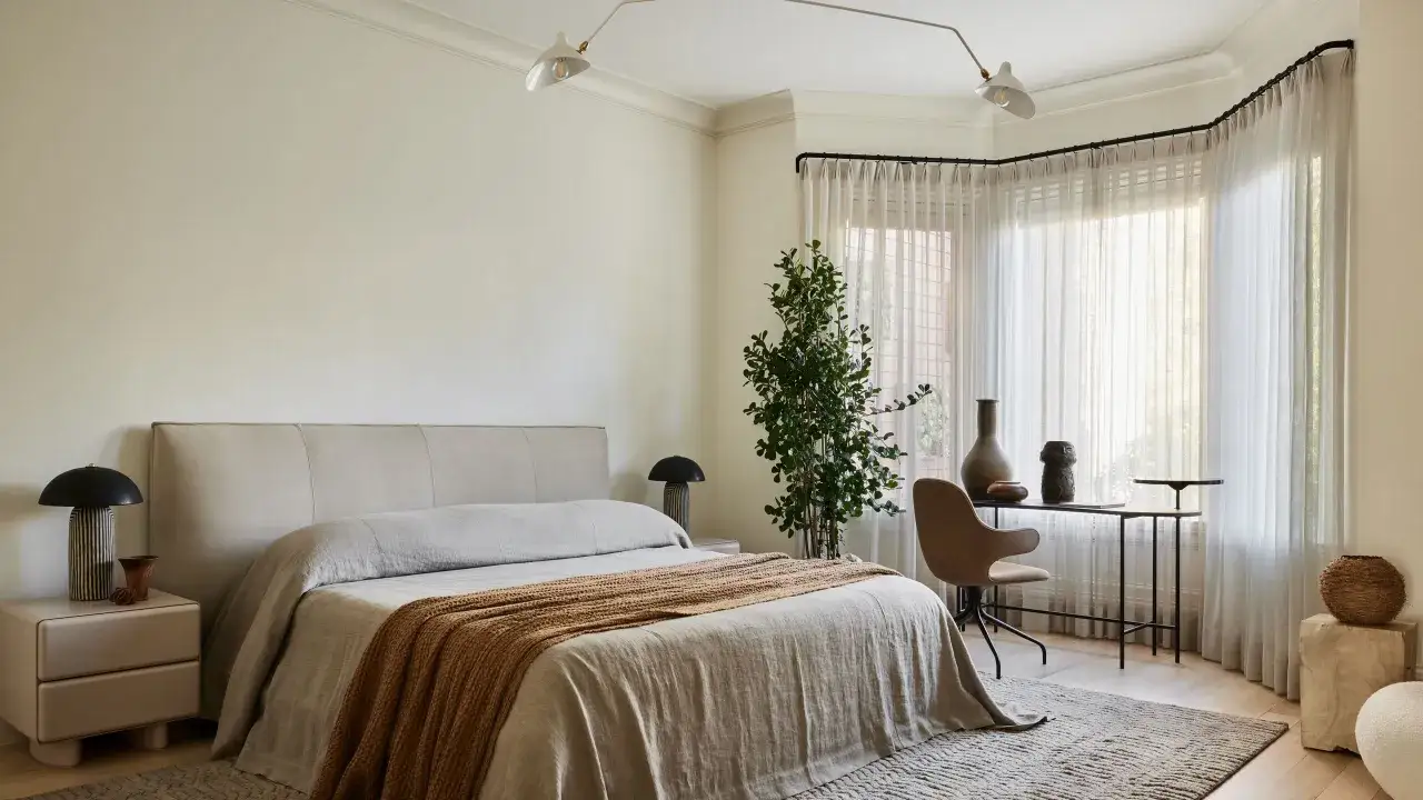 Dormitorio sereno con cabecero de cama tapizado, ideal para un feng shui cabecero cama armonioso. Tonos neutros, manta tejida y planta verde.