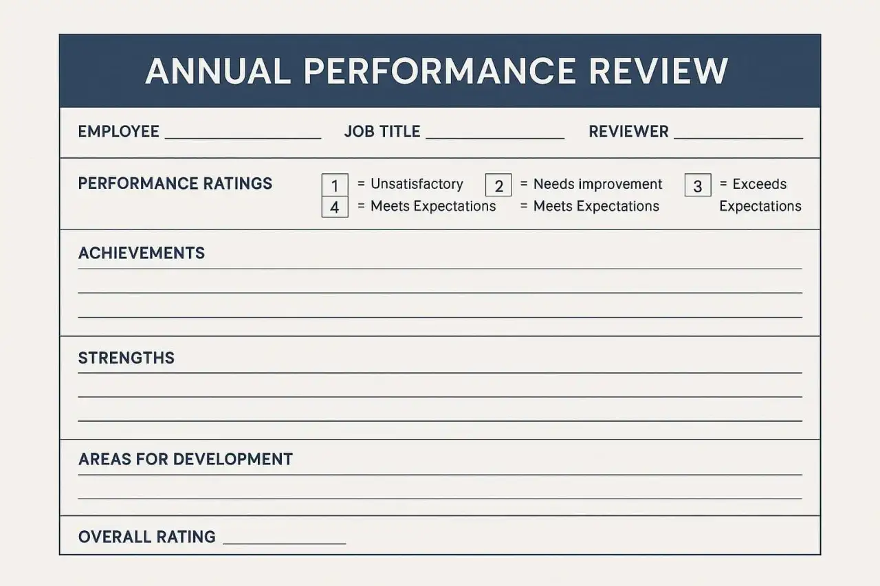 Annual Performance Review form, a performance goal template with sections for employee, job title, reviewer, ratings, achievements, strengths, areas for development, and overall rating.