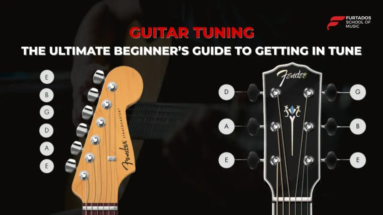 Guida per imparare come accordare la chitarra, con le note indicate per le corde di due chitarre Fender.