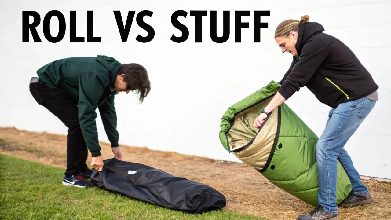 Zwei M&auml;nner zeigen, wie man einen Schlafsack rollt oder stopft. Einer rollt ihn in einen schwarzen Sack, der andere stopft seinen gr&uuml;nen Schlafsack.