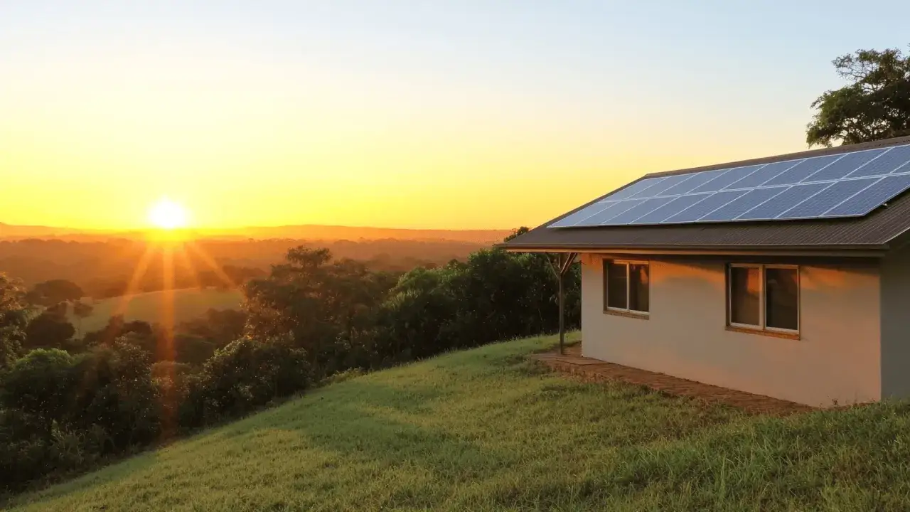 Casa con placas solares al atardecer. Aprovecha las subvenciones para placas solares en Baleares y disfruta de energ&iacute;a limpia.