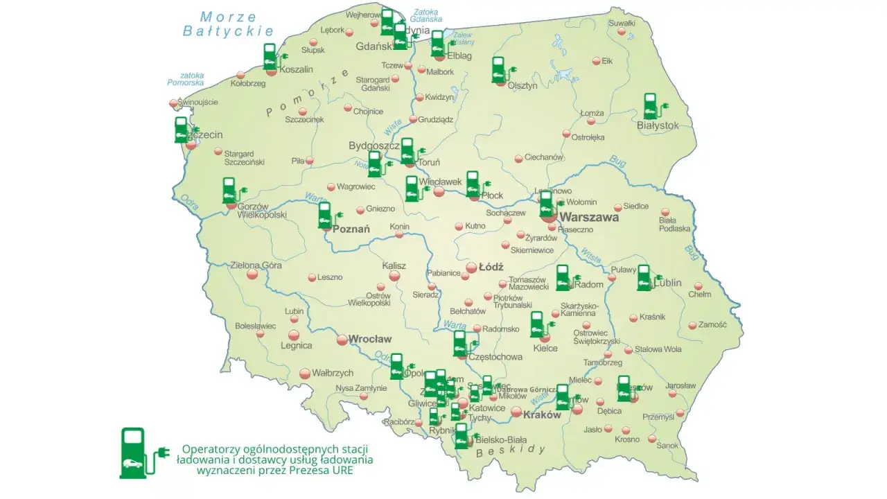 Mapa Polski z zaznaczonymi dystrybutorami energii w miastach.