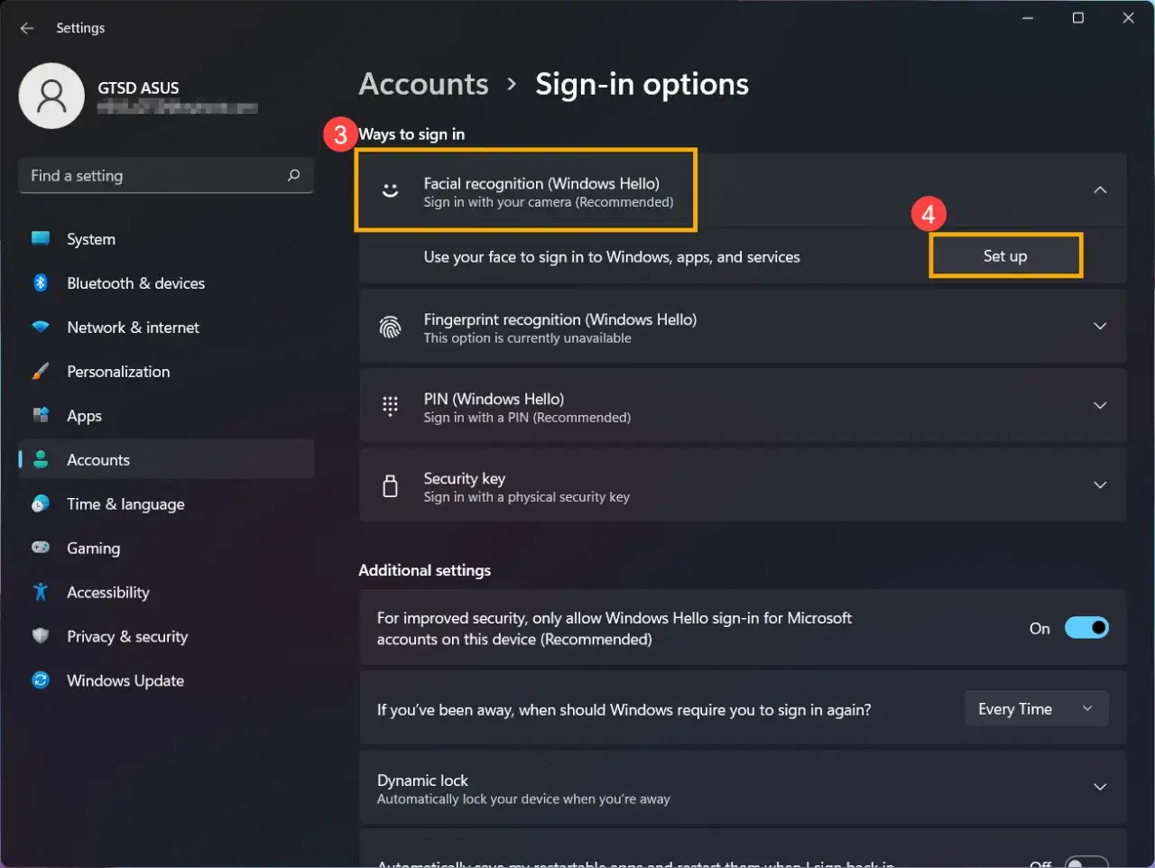 Ustawienia konta: rozpoznawanie twarzy (Windows Hello) do logowania. Kliknij 