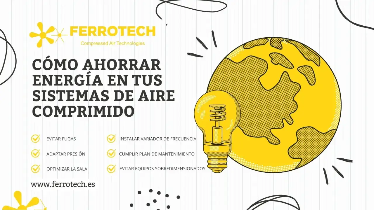 Infografía de Ferrotech sobre cómo ahorrar energía en sistemas de aire comprimido, con consejos y un planeta Tierra estilizado. El servicio atlas de la empresa ayuda a optimizar.