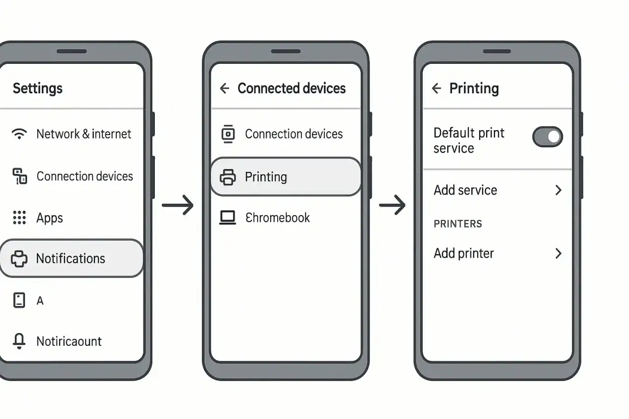 Inställningar för att skriva ut från mobilen: Gå till Anslutna enheter och sedan Skriv ut.