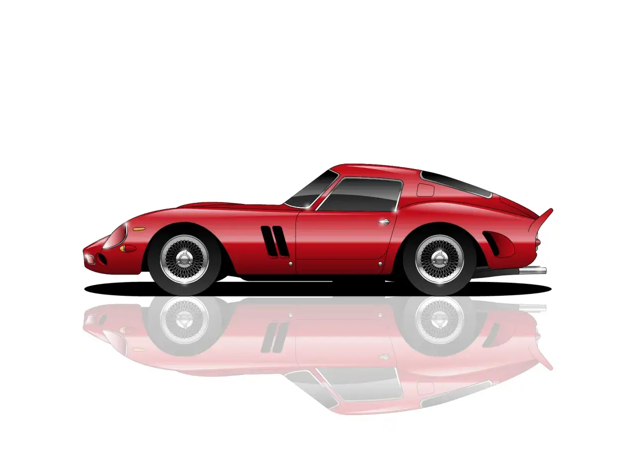 Un ic&oacute;nico Ferrari a&ntilde;os 70 rojo brillante, con su silueta aerodin&aacute;mica y reflejo perfecto.