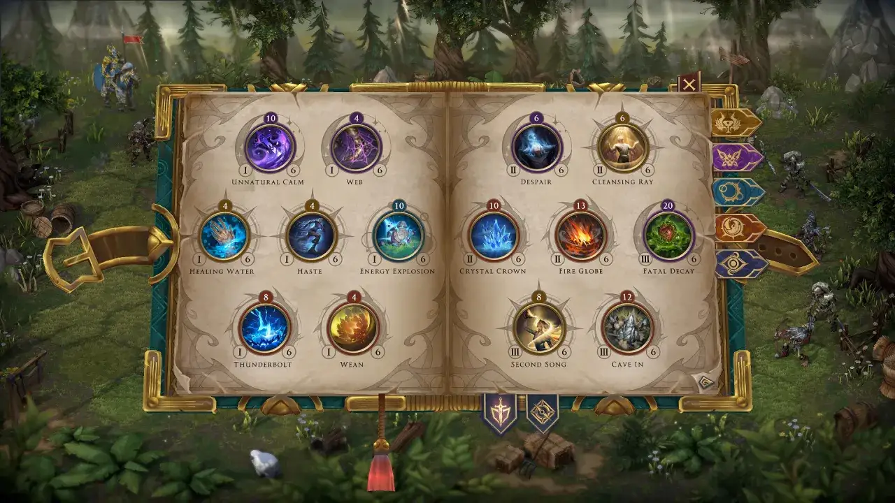 W grze Heroes of Might and Magic, ekran zaklęć prezentuje magiczne umiejętności takie jak 