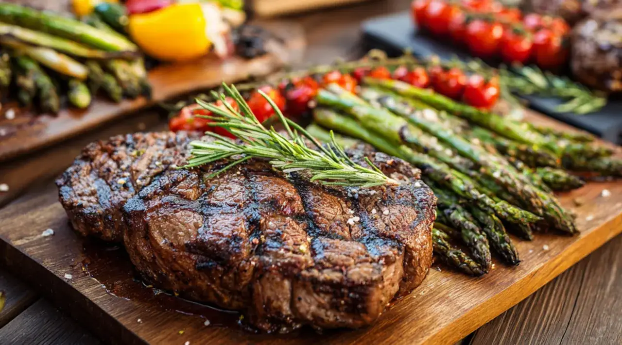 Saftiges Steak mit Rosmarin, daneben gegrillter Spargel und Kirschtomaten. Perfekt f&uuml;r die Frage: wie lange steak im ofen nachgaren.