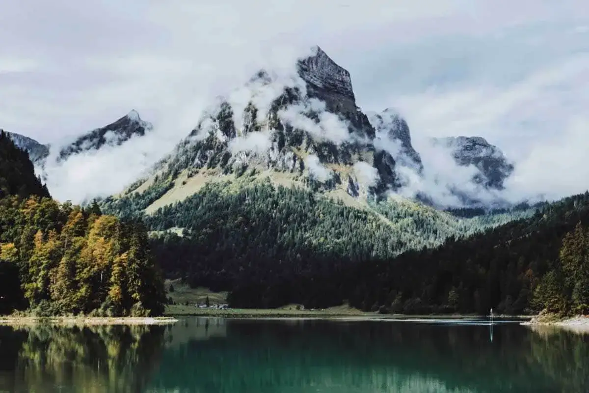 Bergsee mit Nebel und Wald, ein versteckter Ort nahe Luzern.