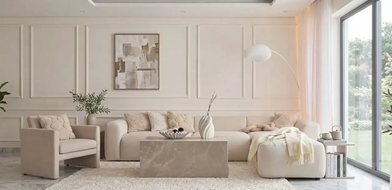 Soggiorno moderno con pareti effetto boiserie con pittura, divano beige, poltrona, tavolino in marmo e un quadro astratto.