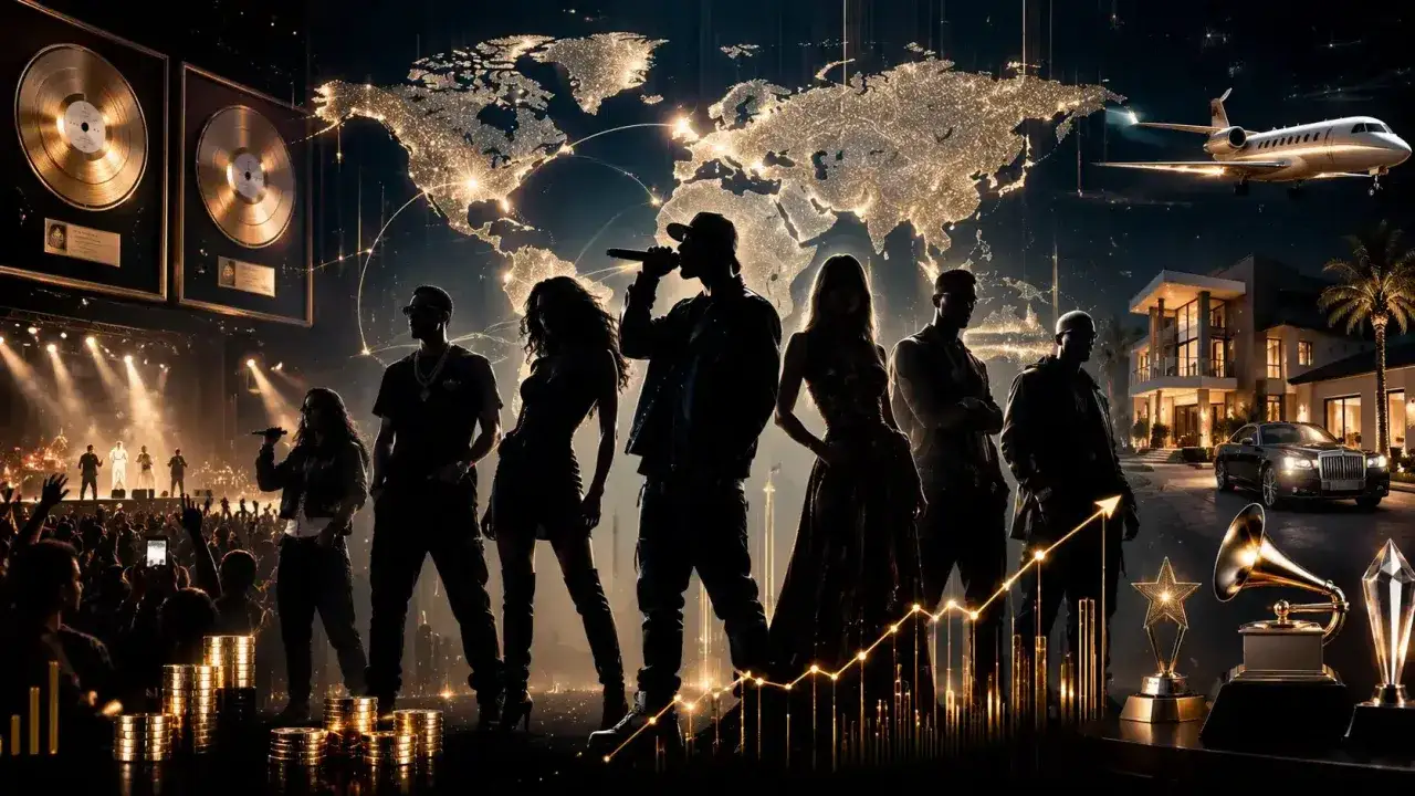 Silhouetted artists on a stage with a world map, private jet, and luxury mansion. Stacks of gold coins and awards suggest the wealth of many artists, hinting at how many artists are billionaires.