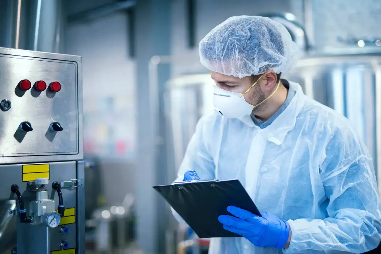 Un technicien en tenue de protection vérifie un panneau de contrôle, attentif aux risques potentiels de la spiruline.