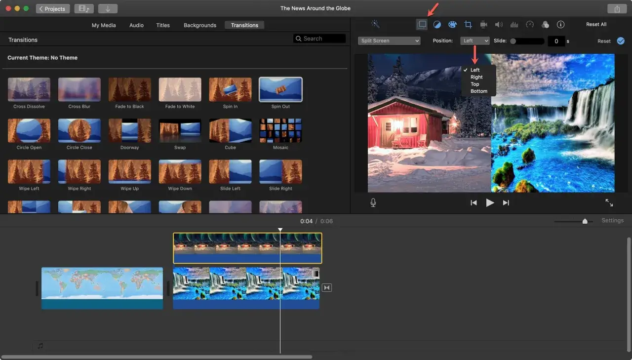 Edytor iMovie pokazuje opcje przejść, w tym