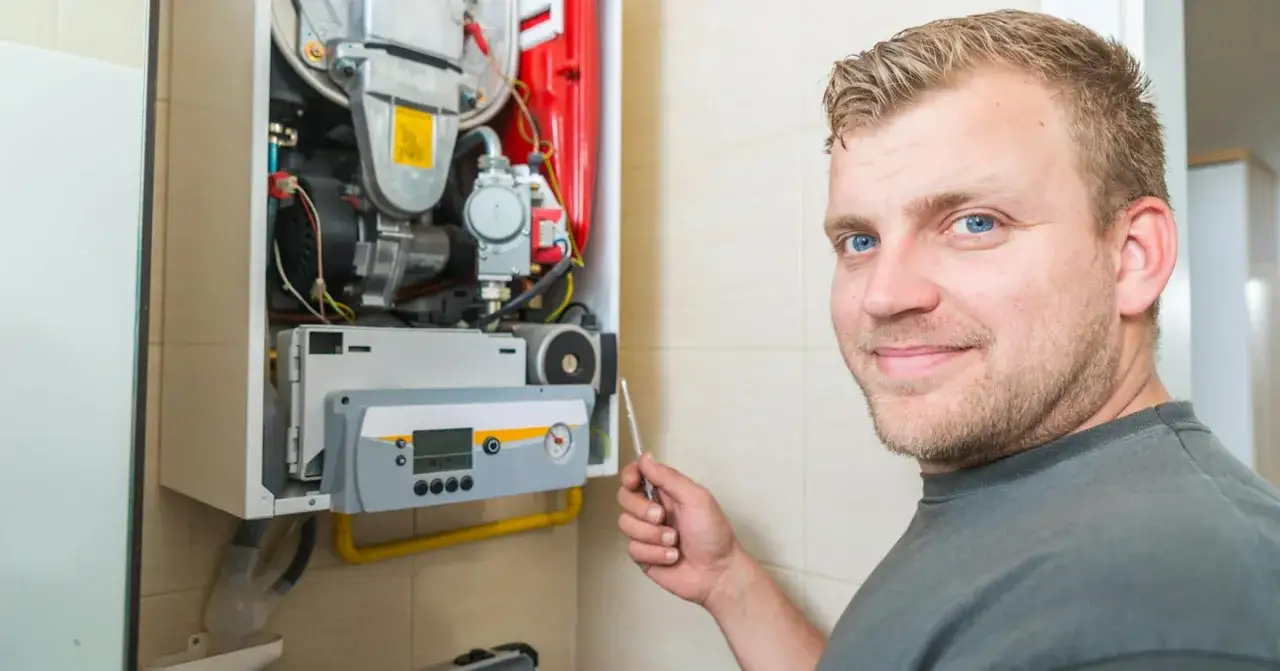 Un technicien souriant vérifie une chaudière à gaz. L'entretien chaudière gaz obligatoire assure sécurité et efficacité.