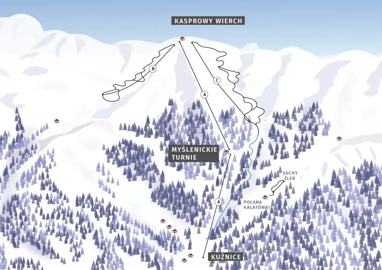 Mapa tras narciarskich i pieszych na Kasprowy Wierch. Widok z lotu ptaka na ośnieżone szczyty, lasy i wyznaczone ścieżki.