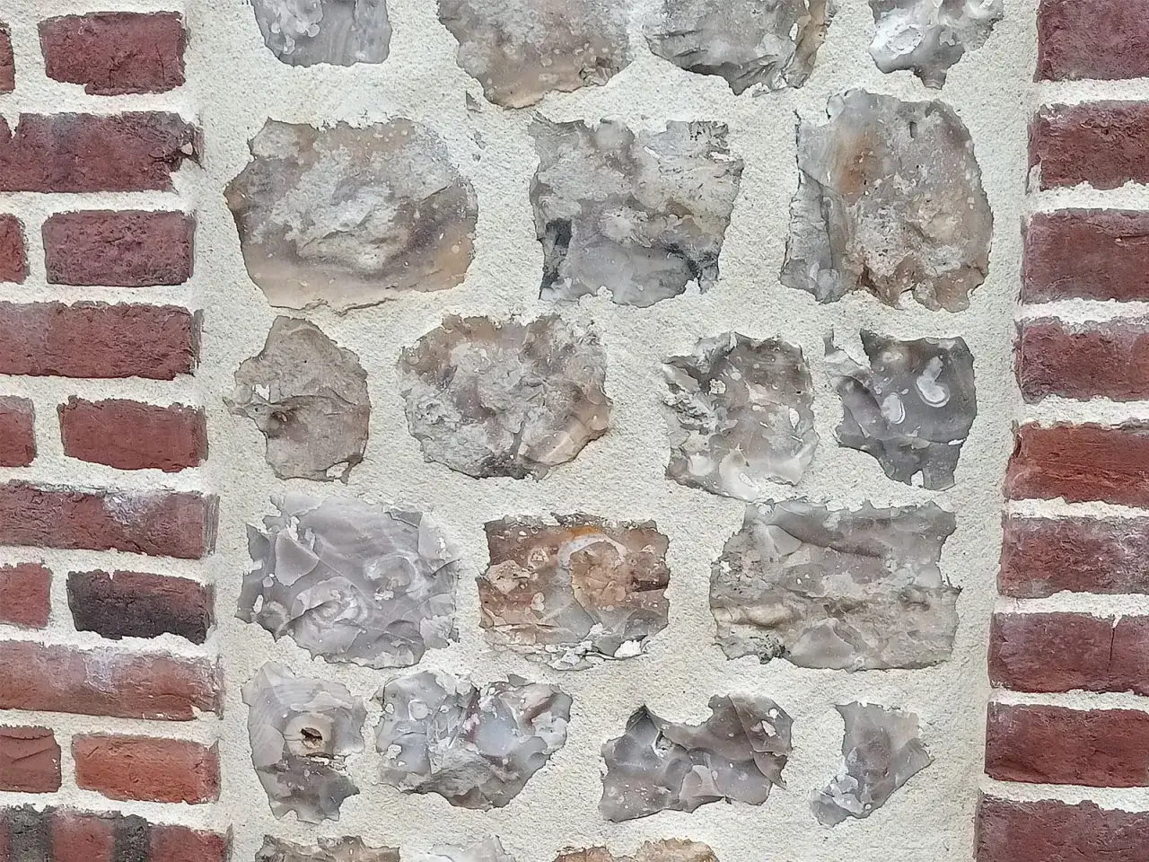 Mur en silex et brique, un joint brique extérieur met en valeur la texture brute des pierres.