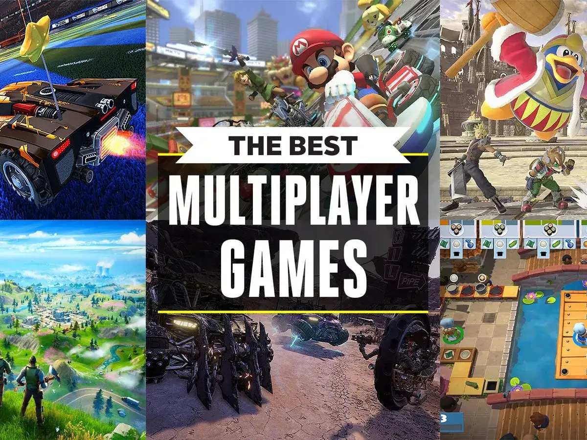 Kolaż z grafikami z gier: Rocket League, Mario Kart, Super Smash Bros., Fortnite, Borderlands i innej gry. To najlepsze gry online.
