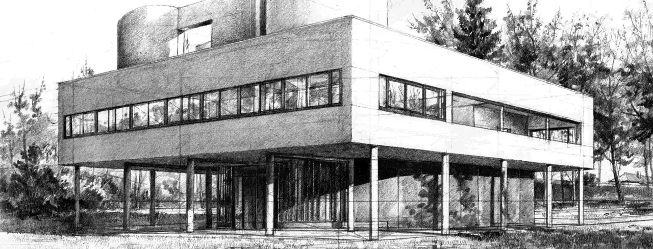 Szkic modernistycznego domu na palach, z długimi pasami okien i cylindrycznym elementem. Widok z perspektywy dwuzbiegowej, otoczony drzewami.