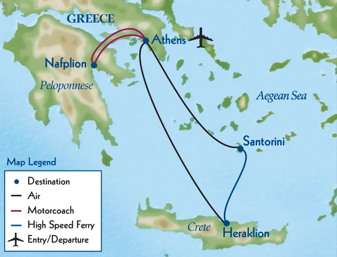 Mapa de excursiones desde Atenas: recorre el Peloponeso, Santorini y Creta en avi&oacute;n, ferry y autocar.