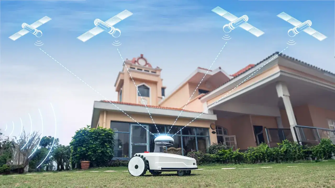 Robot koszący odbiera sygnały z satelitów, pokazując, jak działa jego nawigacja GPS.