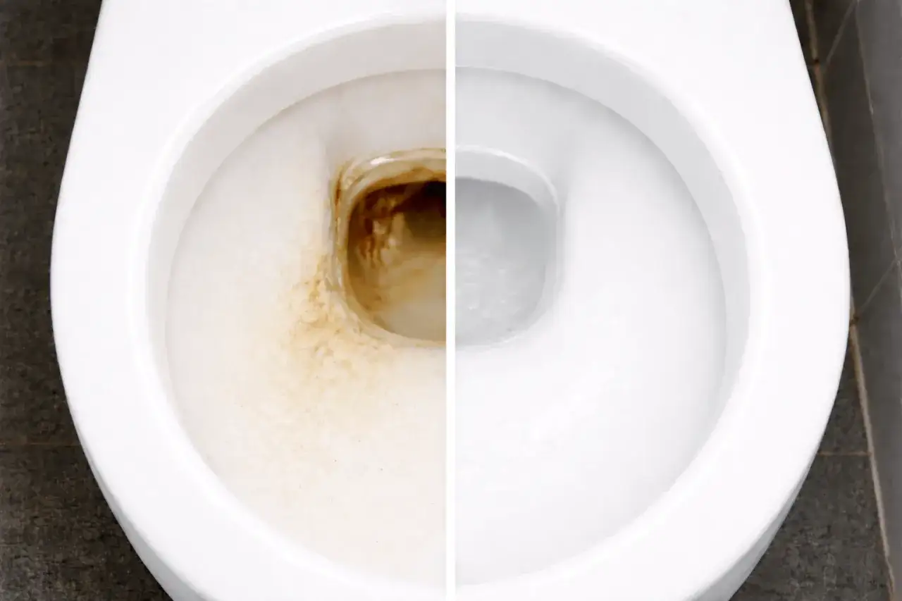 Vorher/Nachher-Vergleich einer Toilette: Links stark verschmutzt mit Urinstein, rechts blitzsauber. So l&auml;sst sich Urinstein unter Wasser entfernen.