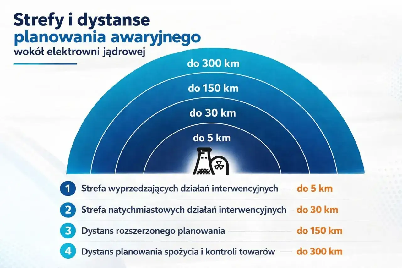 Schemat stref planowania awaryjnego wokół elektrowni jądrowej: 5 km, 30 km, 150 km i 300 km.