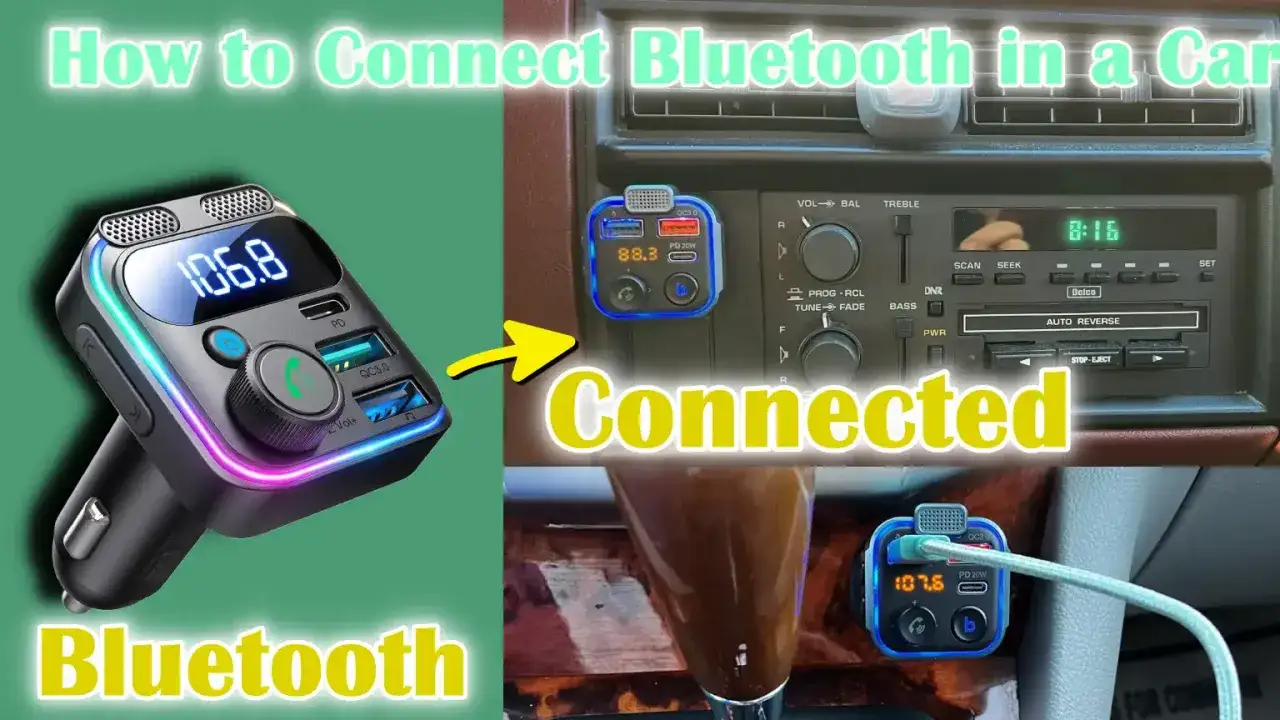 Jak połączyć telefon z transmiterem przez bluetooth w samochodzie. Pokazano transmiter FM z portami USB i PD, podłączony do gniazda zapalniczki.
