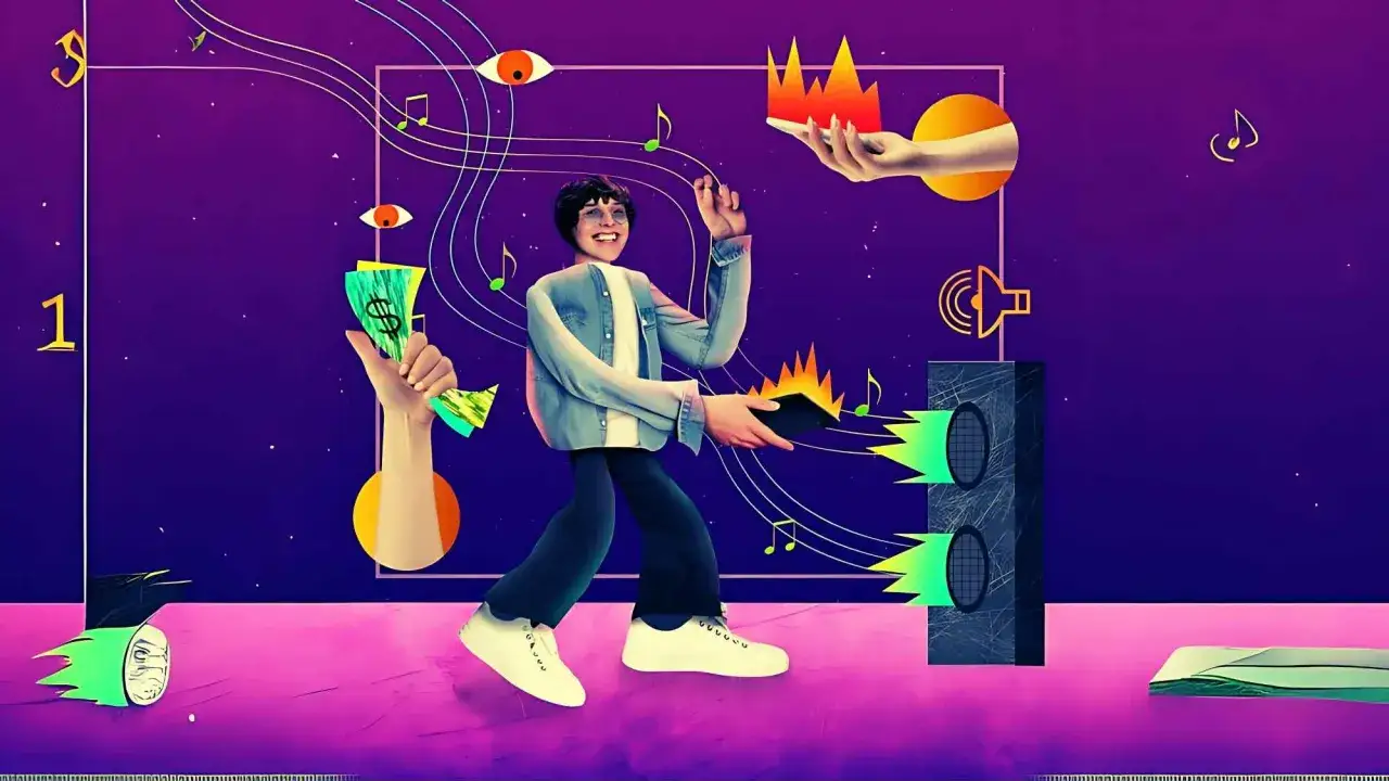 Un jeune homme danse au milieu de notes de musique et de symboles monétaires, évoquant le monde du **nft musique**.
