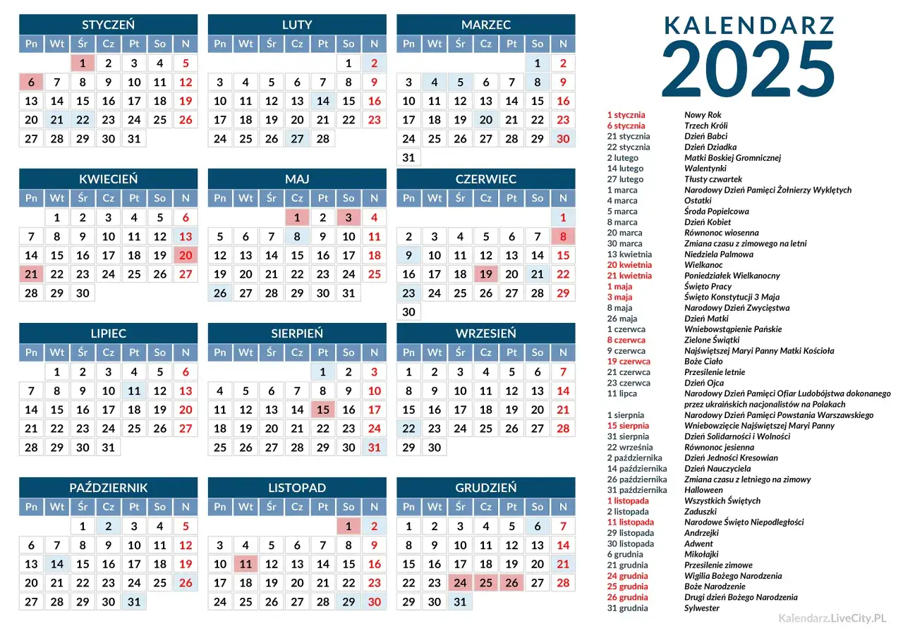 kalendarz 2025 z zaznaczonymi datami luty kwiecień czerwiec