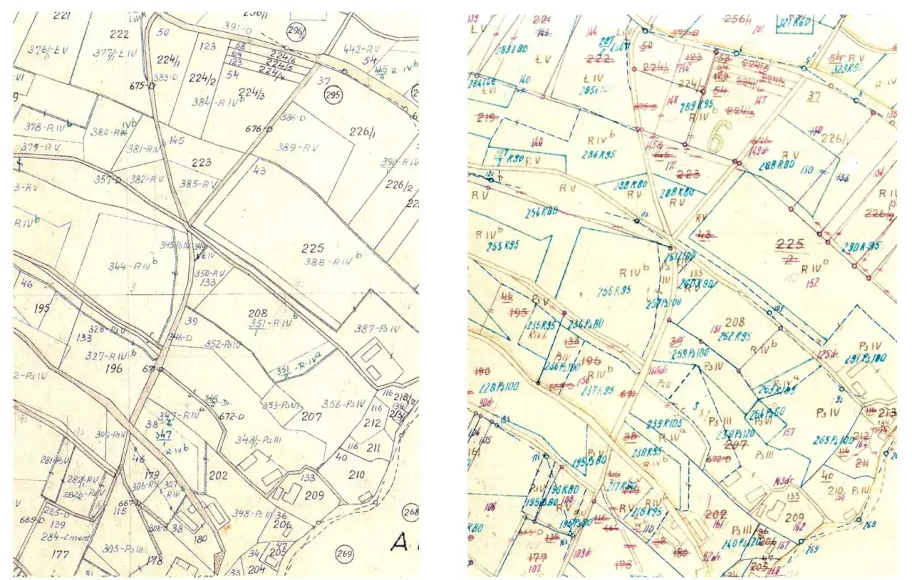 Mapa ewidencyjna z zaznaczonymi działkami, wskazująca na scalenie działek.