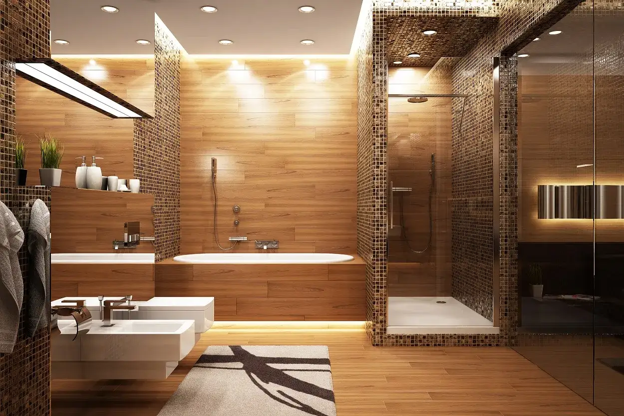 Salle de bain moderne avec murs en bois, une douche vitr&eacute;e et une baignoire. Choix entre douche ou baignoire pour se d&eacute;tendre.
