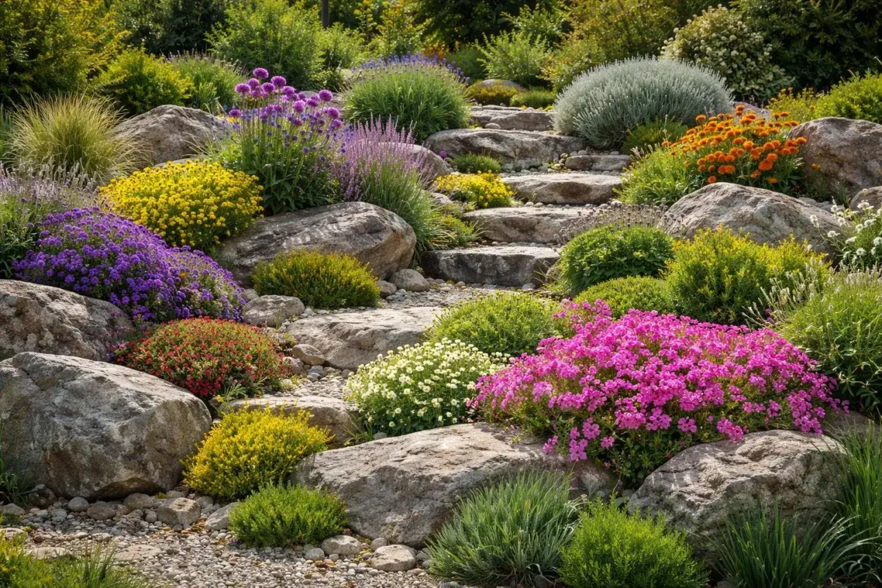 Ein wunderschöner **Steingarten anlegen** mit bunten Blumen und Natursteinen. Stufen führen durch die blühende Pracht.