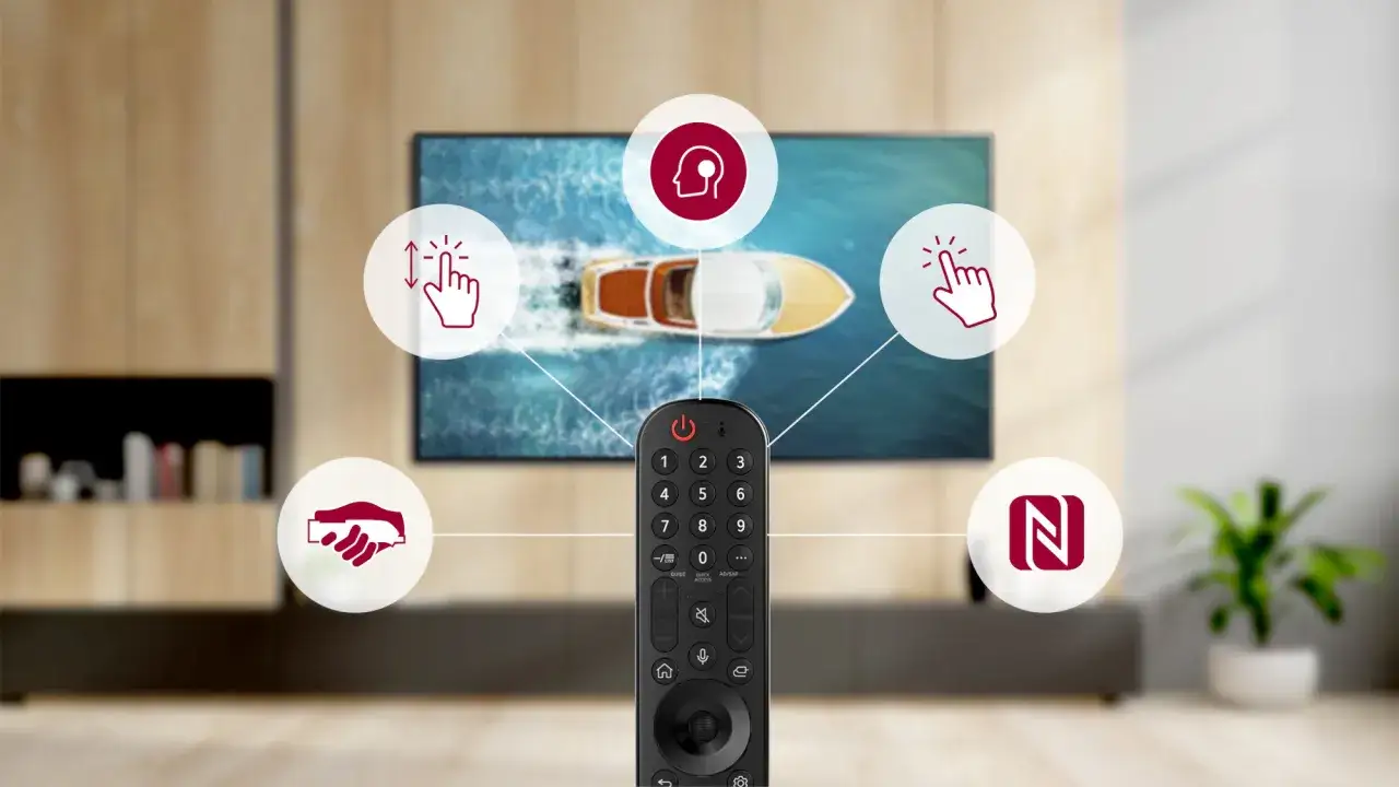 Pilot do telewizora z systemem webOS TV, z ikonami gestów, głosu i NFC.