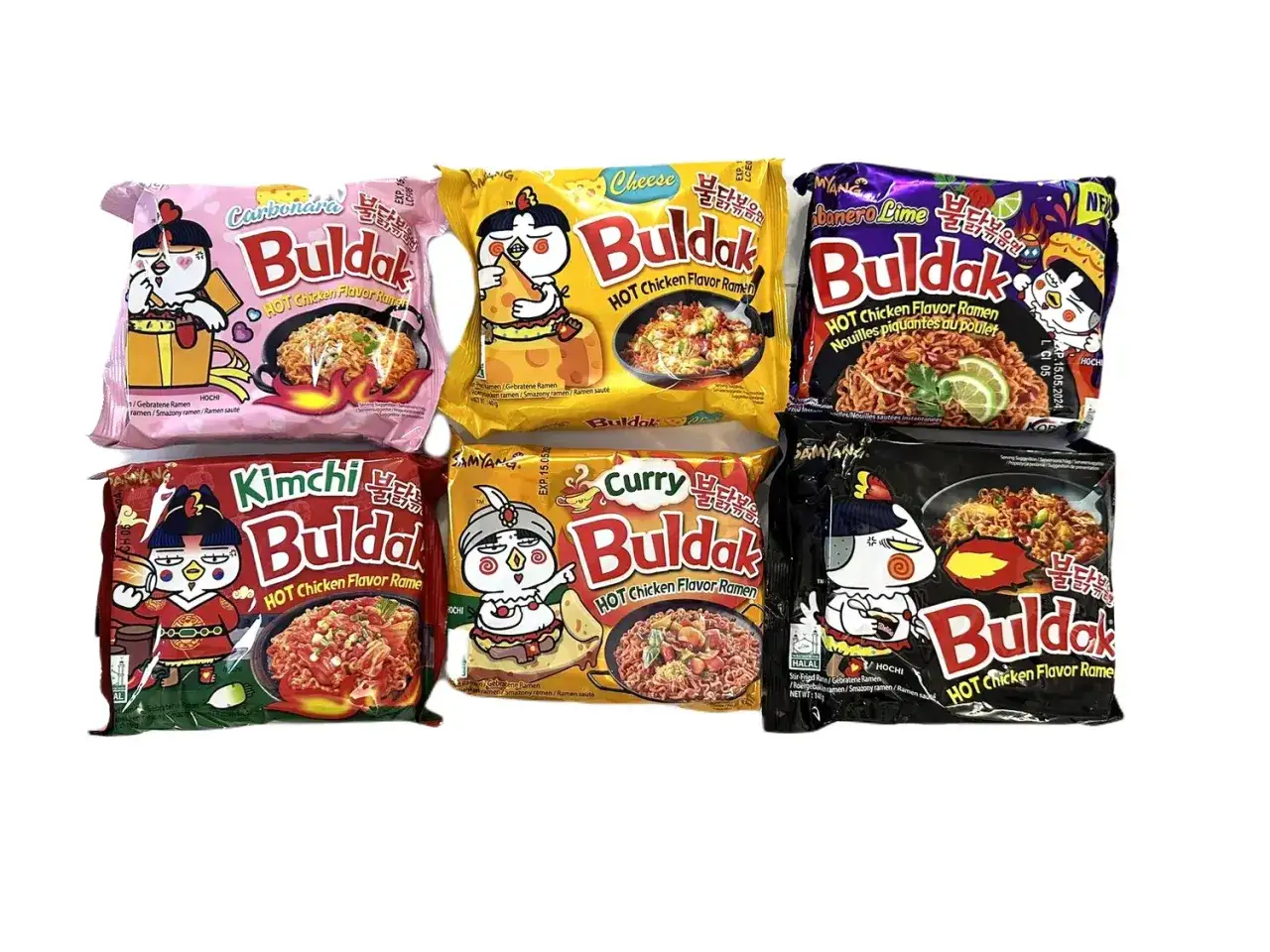 Tabela ostrości Buldak ramen, por&oacute;wnanie smak&oacute;w Buldak, opakowania Buldak ramen r&oacute;żne smaki