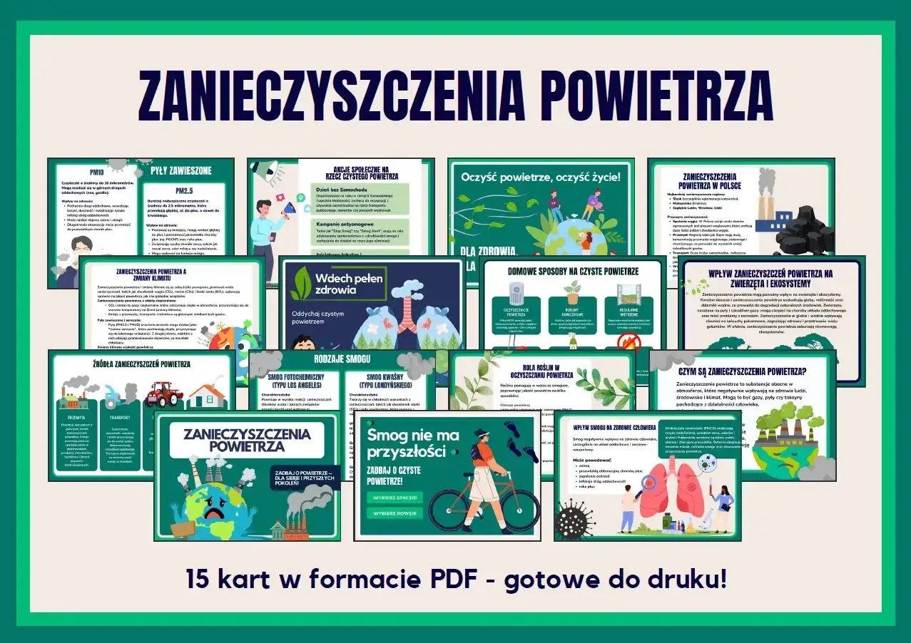 Zanieczyszczenie powietrza i jak oczyścić powietrze w domu. Grafika przedstawia r&oacute;żne aspekty zanieczyszczenia powietrza i sposoby jego poprawy.