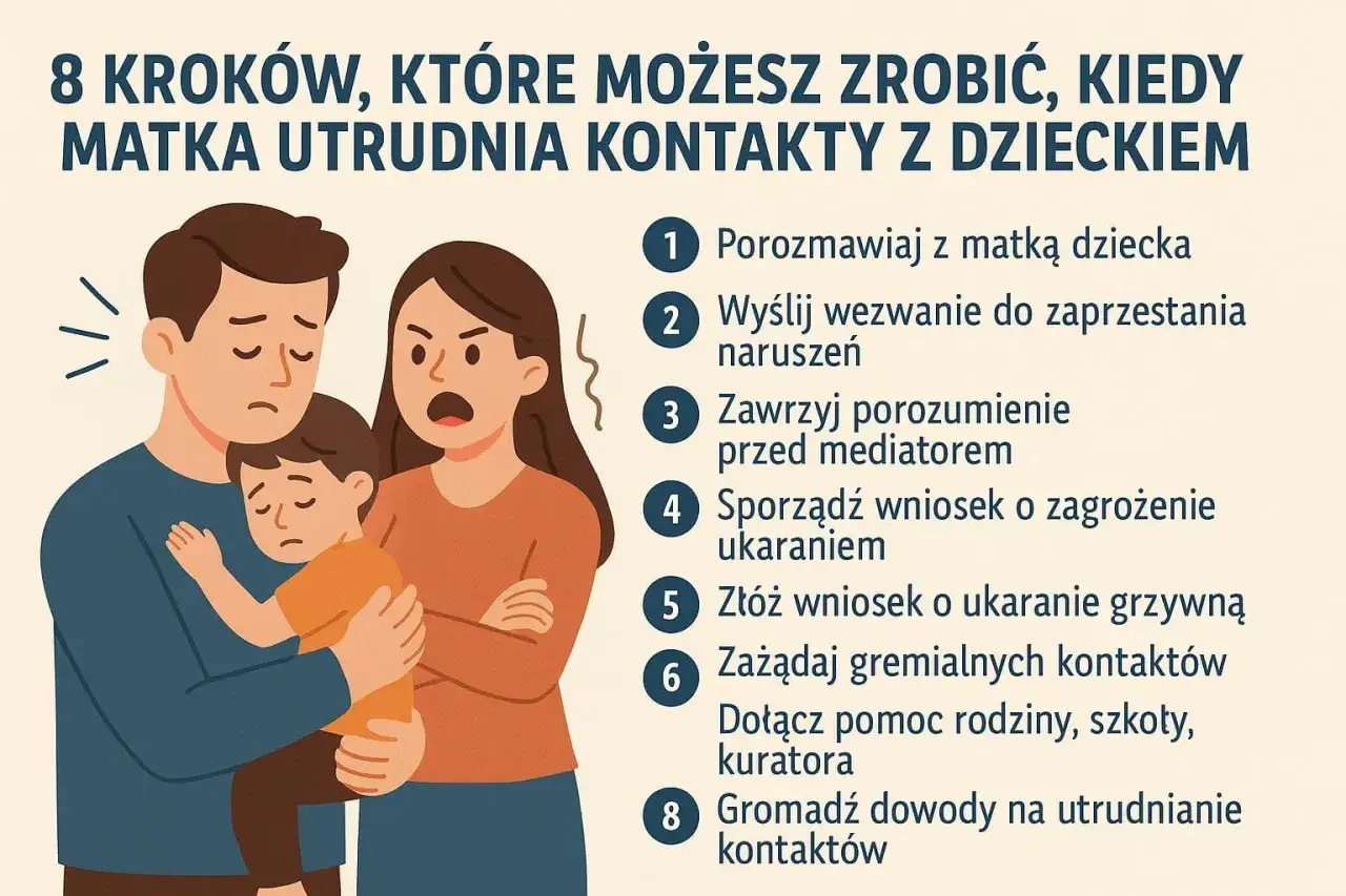 Ilustracja przedstawia rodzinę w trudnej sytuacji, symbolizującą alienację rodzicielską. Ojciec obejmuje smutne dziecko, podczas gdy matka wyraża złość. Tekst podaje 8 kroków, jak radzić sobie z utrudnianiem kontaktów z dzieckiem.