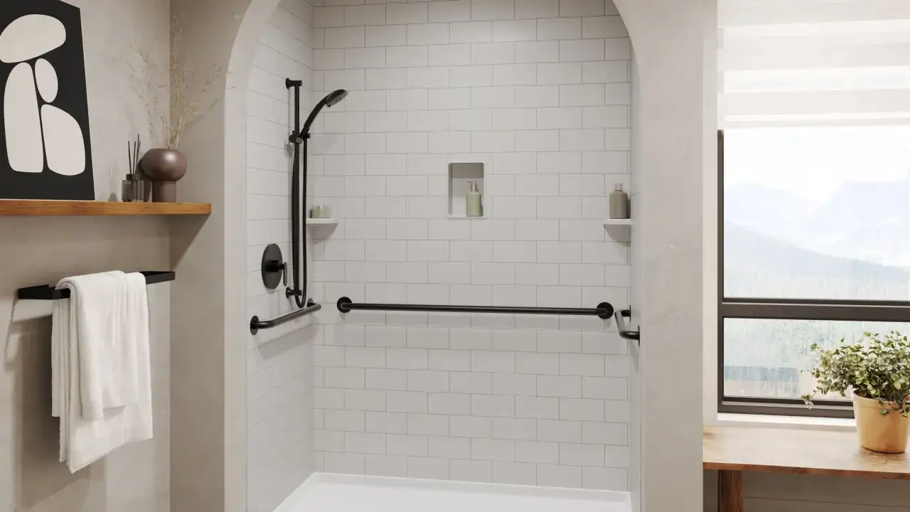 Modern shower with white subway ceramic tile on shower walls, black fixtures, and grab bars.