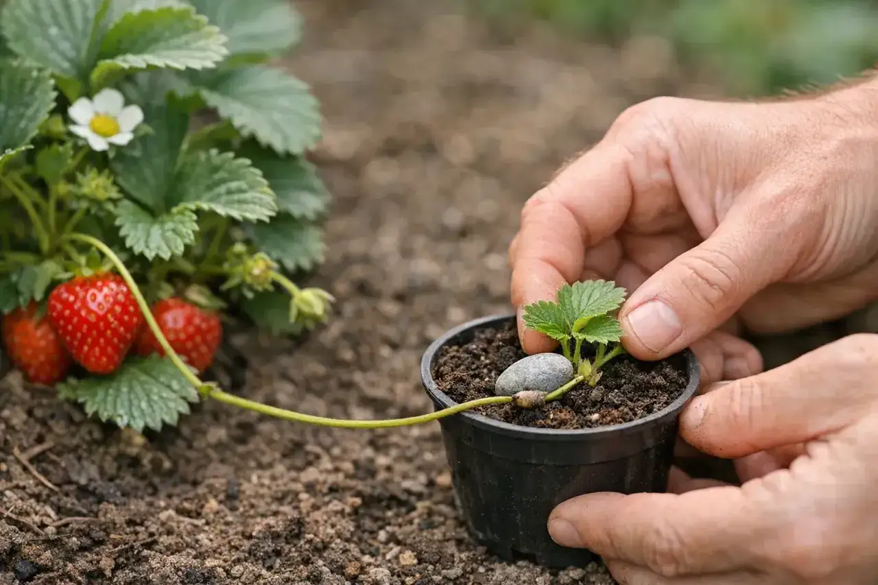 Plantation d'un fraisier remontant ou non remontant. Une main tient un jeune plant dans un pot, tandis qu'un stolon relie ce dernier à une plante mère portant des fraises rouges.