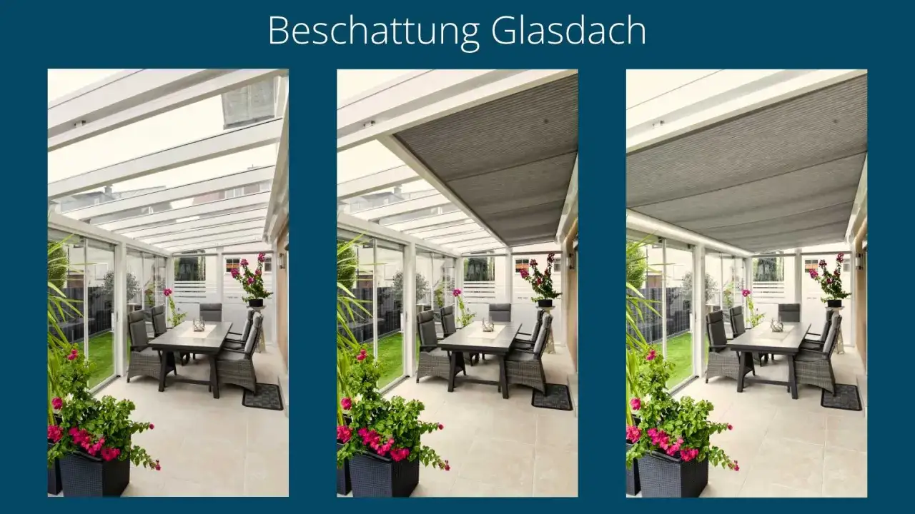 Drei Ansichten einer Glas-Terrasse mit ausgefahrener Beschattung. Tolle terrassenbeschattung ideen für Ihr Zuhause.