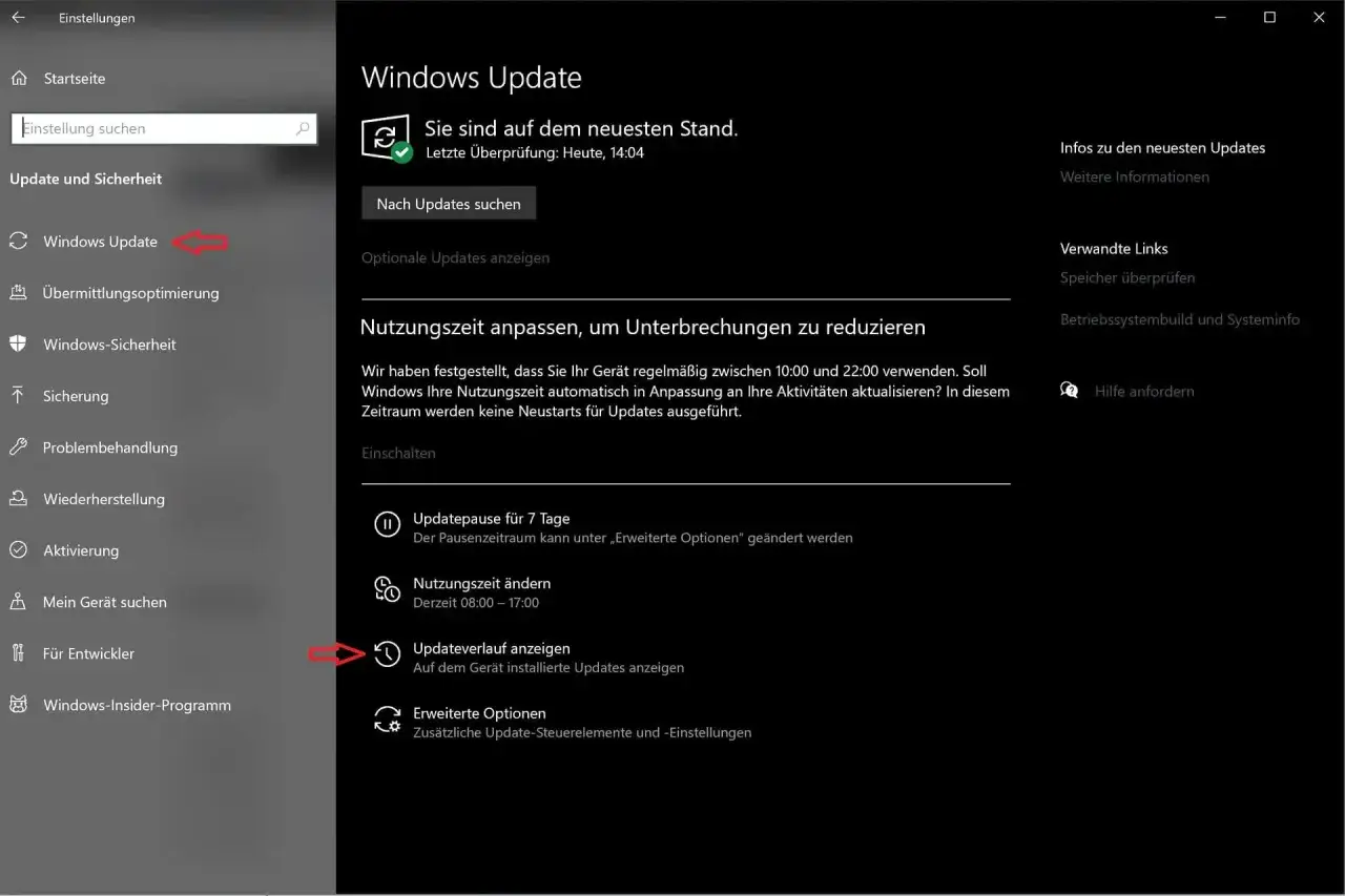 Windows Update-Einstellungen: Hier können Sie den Updateverlauf einsehen, um zu prüfen, welche Updates installiert wurden. Das Deinstallieren von Windows Updates ist hier nicht direkt möglich.