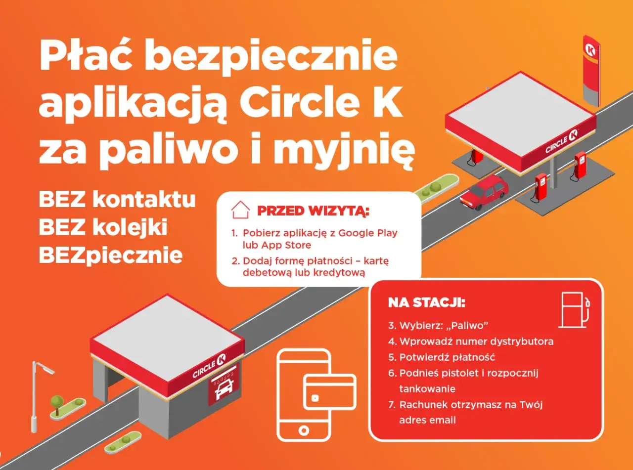 Płać bezpiecznie aplikacją Circle K za paliwo i myjnię. Bez kontaktu, bez kolejki, bezpiecznie. Sprawdź promocję Circle K!